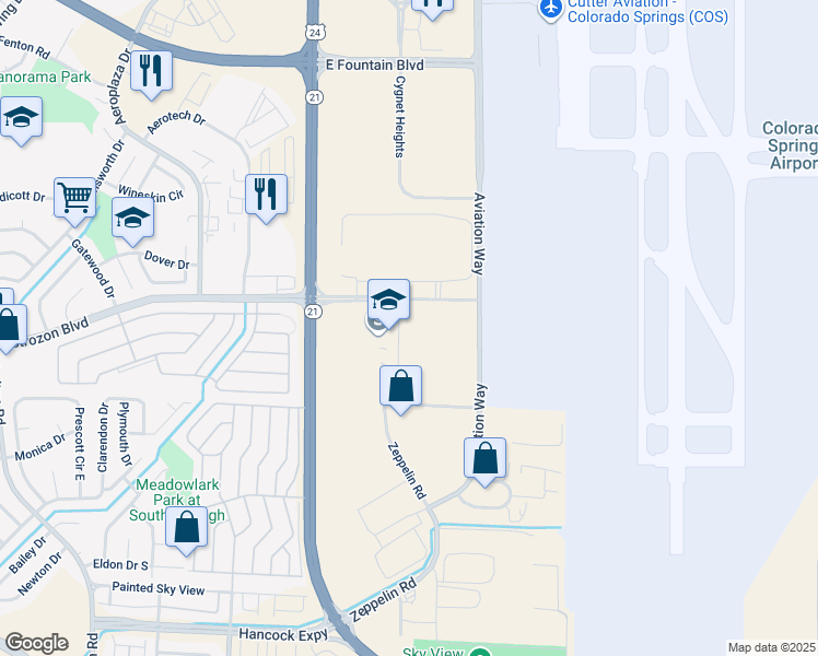 map of restaurants, bars, coffee shops, grocery stores, and more near 5525 Astrozon Boulevard in Colorado Springs