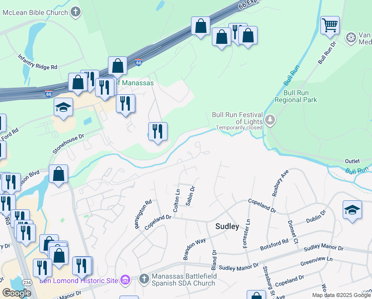 map of restaurants, bars, coffee shops, grocery stores, and more near 7298 Saint Johns Court in Manassas