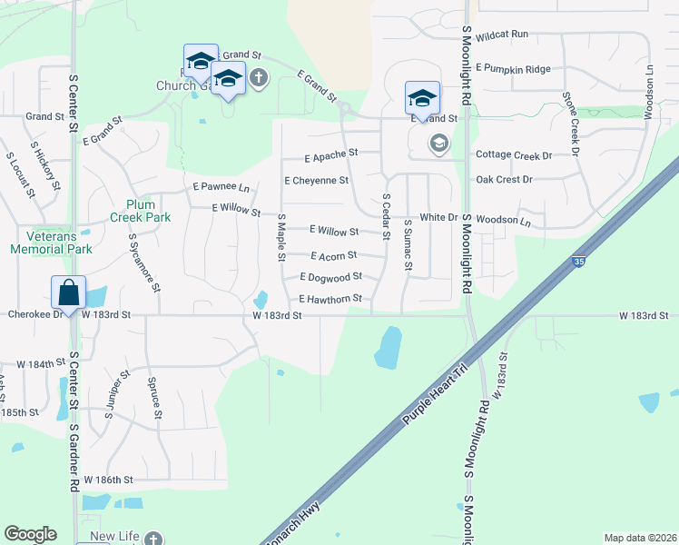 map of restaurants, bars, coffee shops, grocery stores, and more near 604 East Dogwood Street in Gardner