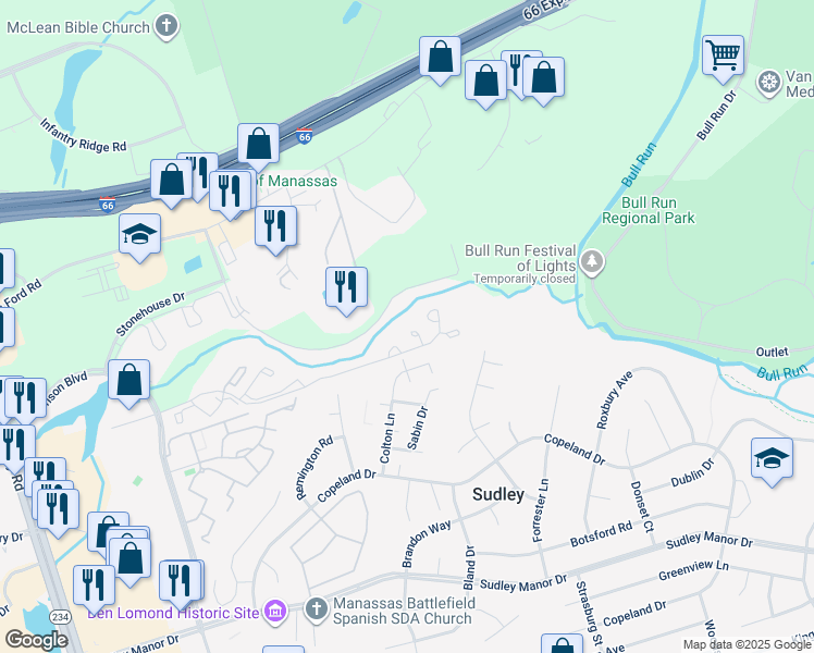 map of restaurants, bars, coffee shops, grocery stores, and more near 7298 Saint Johns Court in Manassas