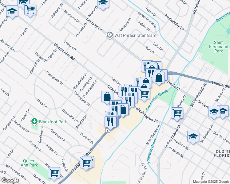 map of restaurants, bars, coffee shops, grocery stores, and more near 660 Charbonier Road in Florissant