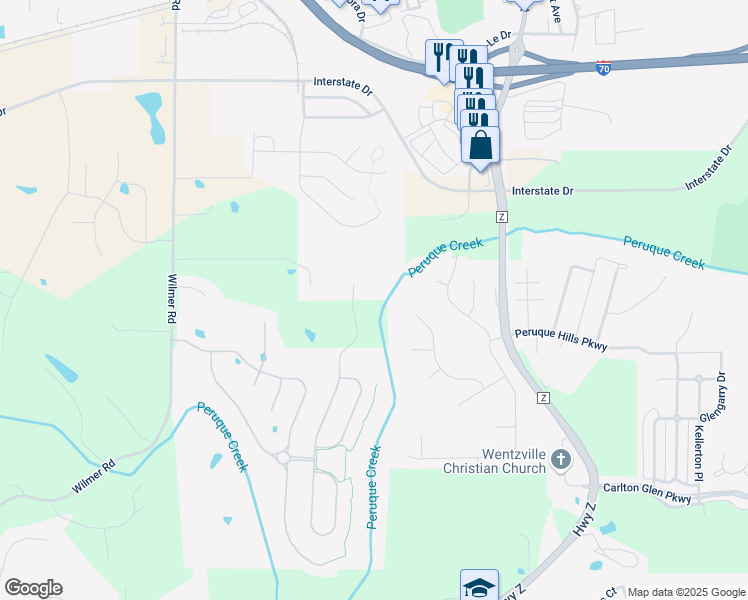 map of restaurants, bars, coffee shops, grocery stores, and more near in Wentzville