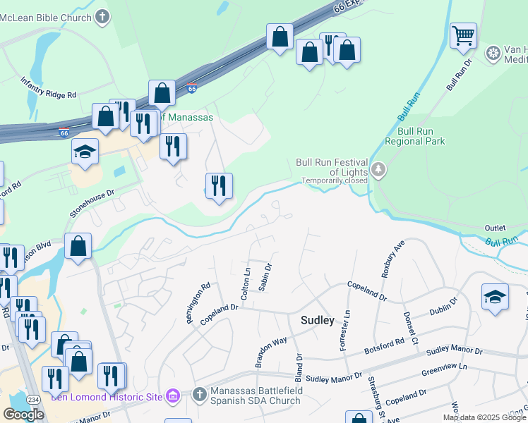 map of restaurants, bars, coffee shops, grocery stores, and more near 7312 Saint Johns Court in Manassas