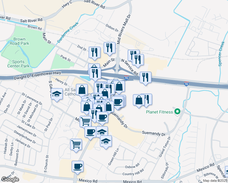 map of restaurants, bars, coffee shops, grocery stores, and more near 3 Mid Rivers Mall Drive in Saint Peters