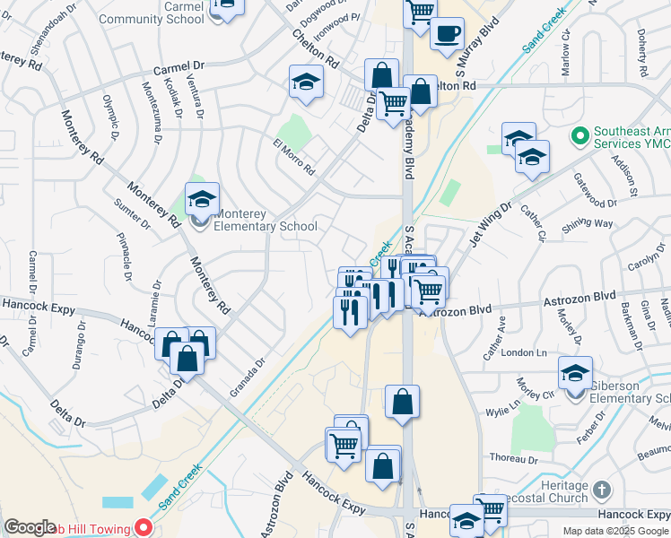 map of restaurants, bars, coffee shops, grocery stores, and more near A Circle in Colorado Springs
