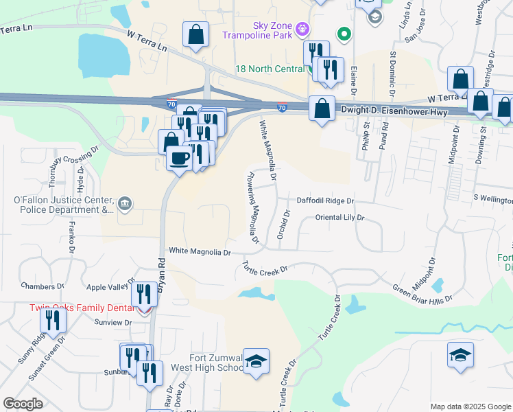 map of restaurants, bars, coffee shops, grocery stores, and more near 460 Flowering Magnolia Drive in O'Fallon