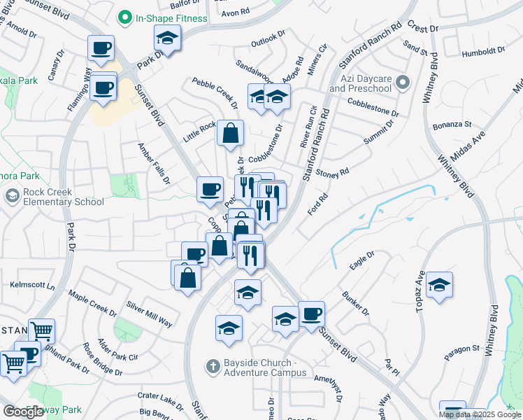 map of restaurants, bars, coffee shops, grocery stores, and more near 2201 Plaza Drive in Rocklin
