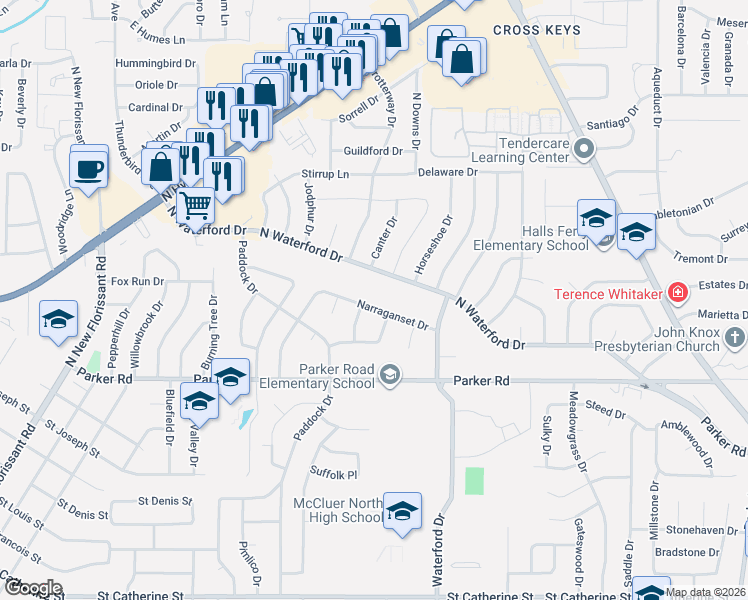 map of restaurants, bars, coffee shops, grocery stores, and more near 1520 Man O War Drive in Florissant