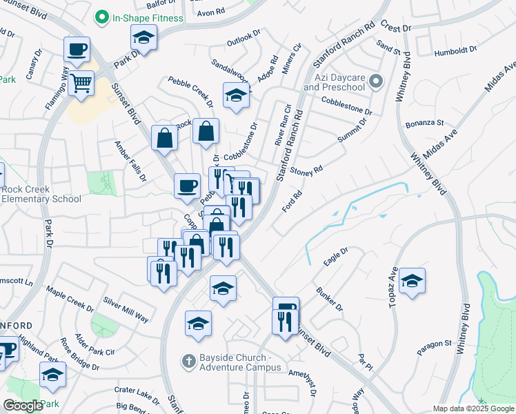 map of restaurants, bars, coffee shops, grocery stores, and more near 5830 Ford Court in Rocklin