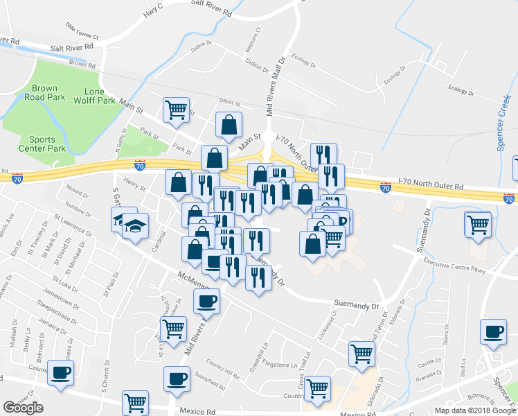 map of restaurants, bars, coffee shops, grocery stores, and more near 3 Mid Rivers Mall Drive in Saint Peters