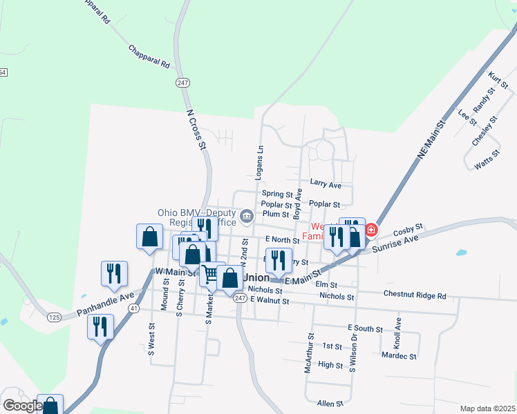 map of restaurants, bars, coffee shops, grocery stores, and more near 419 Plum Street in West Union