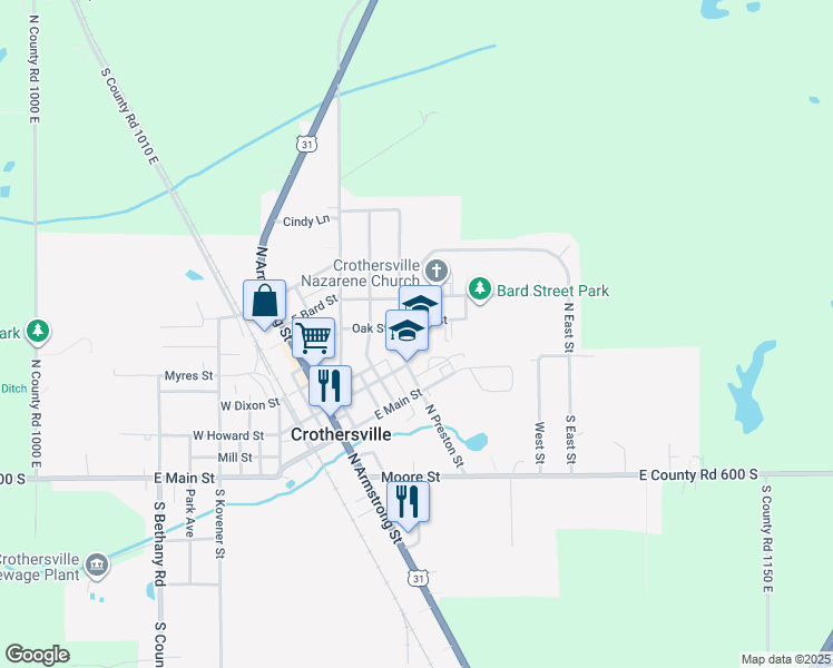 map of restaurants, bars, coffee shops, grocery stores, and more near 109 South Preston Street in Crothersville