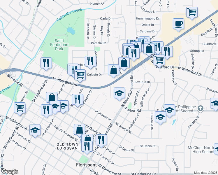 map of restaurants, bars, coffee shops, grocery stores, and more near 14 Brightwell Court in Florissant