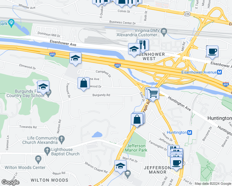 map of restaurants, bars, coffee shops, grocery stores, and more near 3111 Burgundy Road in Alexandria