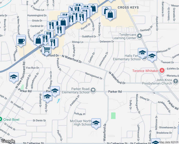 map of restaurants, bars, coffee shops, grocery stores, and more near 1520 Man O War Drive in Florissant