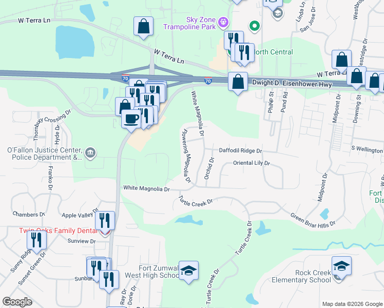 map of restaurants, bars, coffee shops, grocery stores, and more near 457 Flowering Magnolia Drive in O'Fallon