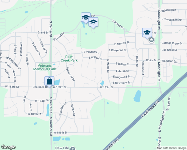 map of restaurants, bars, coffee shops, grocery stores, and more near 735 South Cherry Street in Gardner