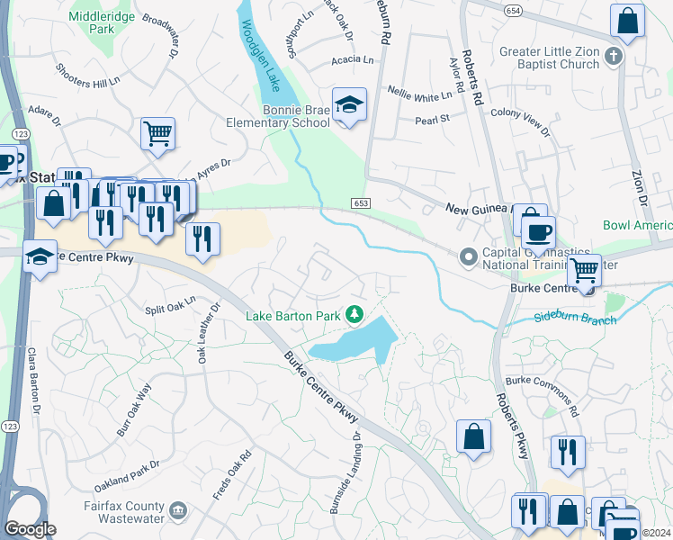 map of restaurants, bars, coffee shops, grocery stores, and more near 5625 Summer Oak Way in Burke