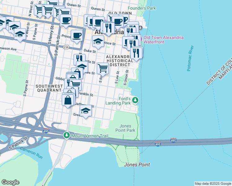 map of restaurants, bars, coffee shops, grocery stores, and more near 614 South Lee Street in Alexandria