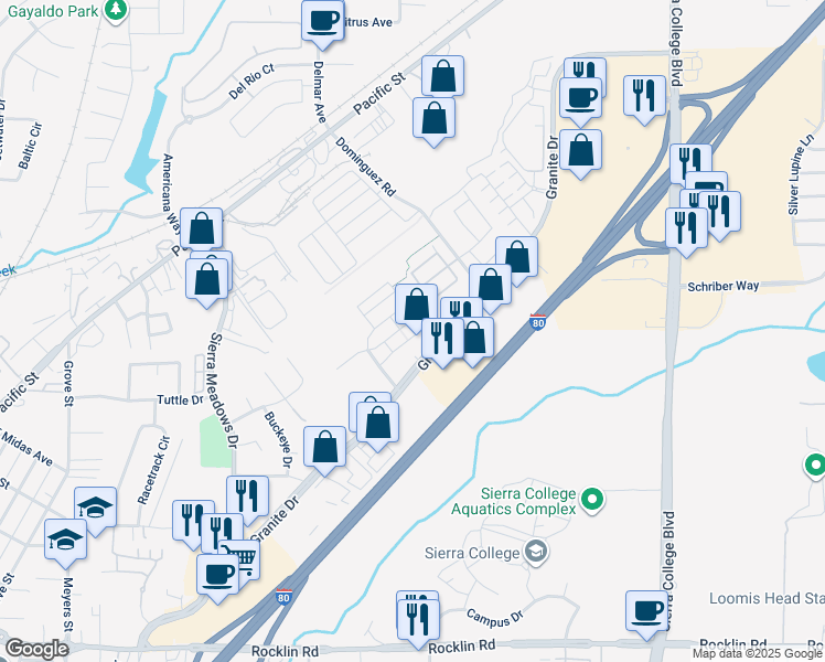 map of restaurants, bars, coffee shops, grocery stores, and more near 2530 Warren Drive in Rocklin