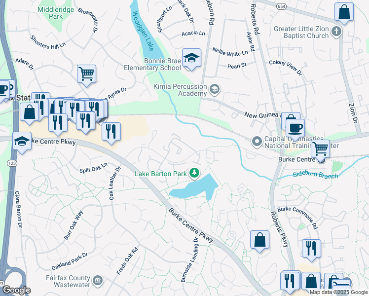 map of restaurants, bars, coffee shops, grocery stores, and more near 5625 Summer Oak Way in Burke