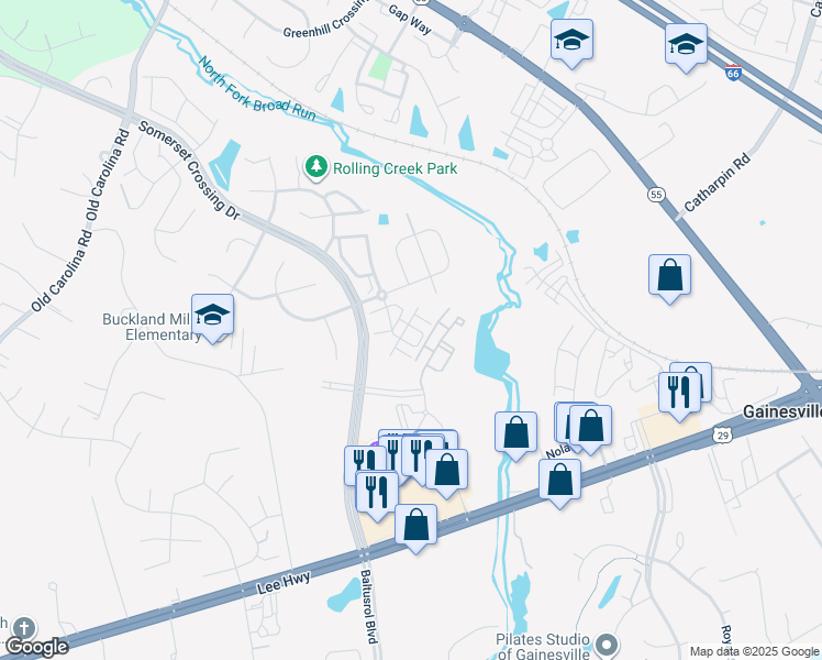 map of restaurants, bars, coffee shops, grocery stores, and more near 7480 Brunson Circle in Gainesville