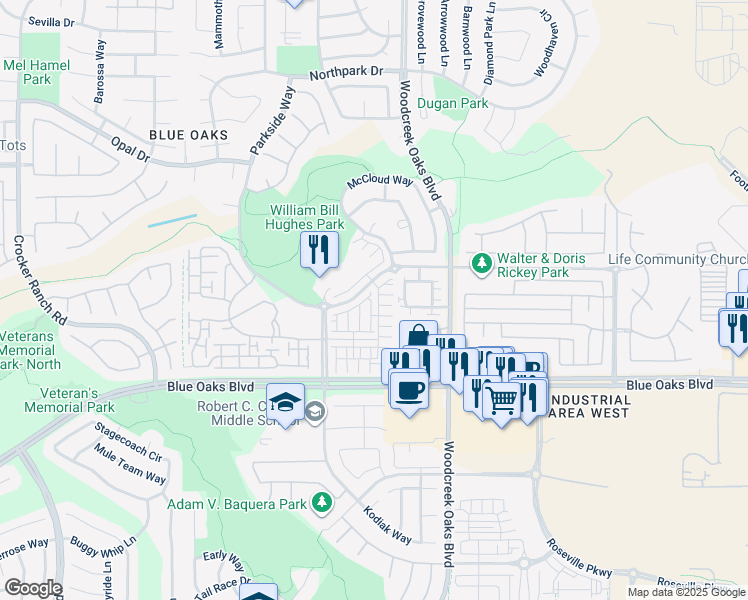 map of restaurants, bars, coffee shops, grocery stores, and more near 1124 Lavande Drive in Roseville