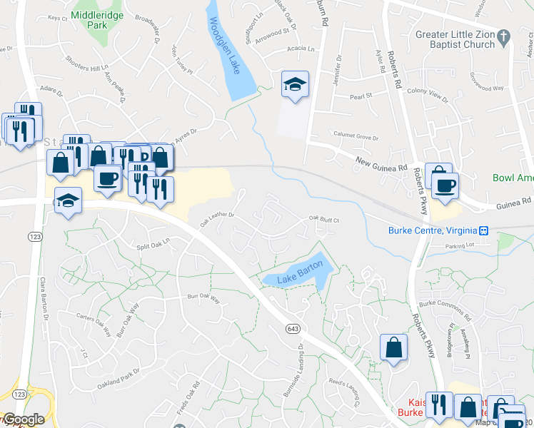 map of restaurants, bars, coffee shops, grocery stores, and more near 10643 Summer Oak Court in Burke
