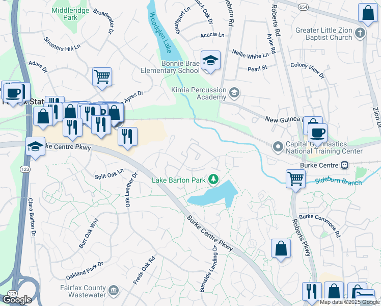 map of restaurants, bars, coffee shops, grocery stores, and more near 10643 Summer Oak Court in Burke
