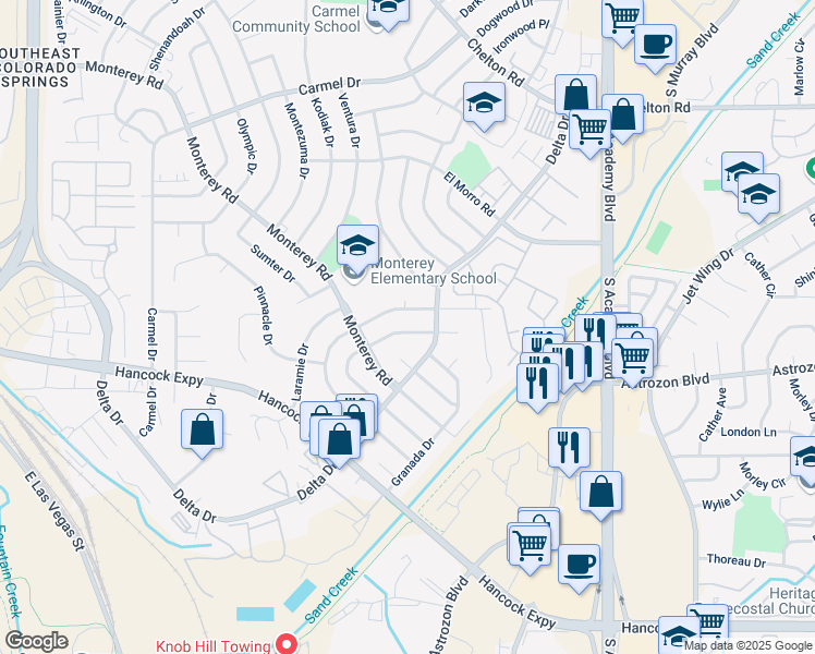 map of restaurants, bars, coffee shops, grocery stores, and more near 2401 Ember Drive in Colorado Springs
