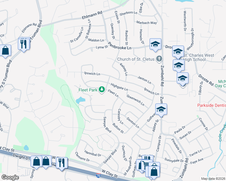 map of restaurants, bars, coffee shops, grocery stores, and more near 3339 Fleet Lane in Saint Charles