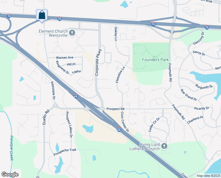 map of restaurants, bars, coffee shops, grocery stores, and more near 1272 Corporate Parkway in Wentzville