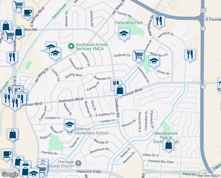 map of restaurants, bars, coffee shops, grocery stores, and more near 4531 Lamplighter Circle in Colorado Springs