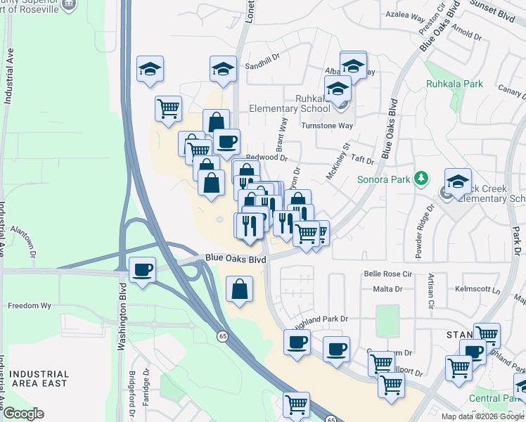 map of restaurants, bars, coffee shops, grocery stores, and more near 6811 Lonetree Boulevard in Rocklin