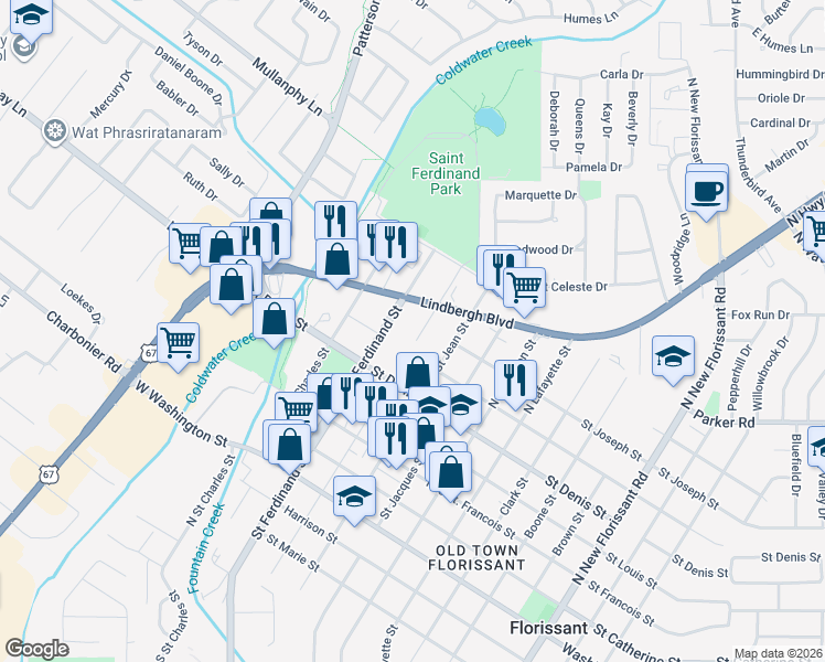 map of restaurants, bars, coffee shops, grocery stores, and more near 3 Saint Pierre Court in Florissant