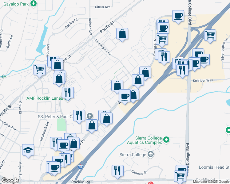 map of restaurants, bars, coffee shops, grocery stores, and more near 2530 Warren Drive in Rocklin