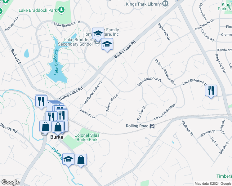 map of restaurants, bars, coffee shops, grocery stores, and more near 5604 Bakersville Lane in Burke