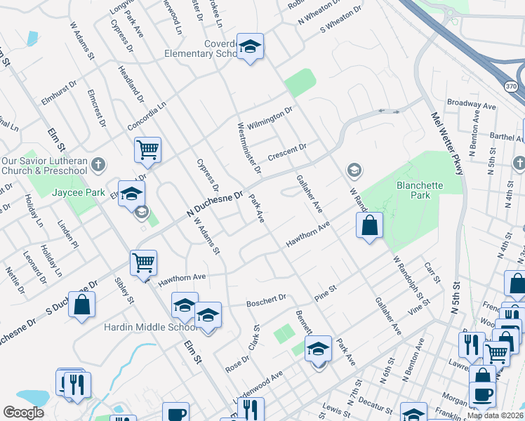 map of restaurants, bars, coffee shops, grocery stores, and more near 901 Blackberry Lane in Saint Charles