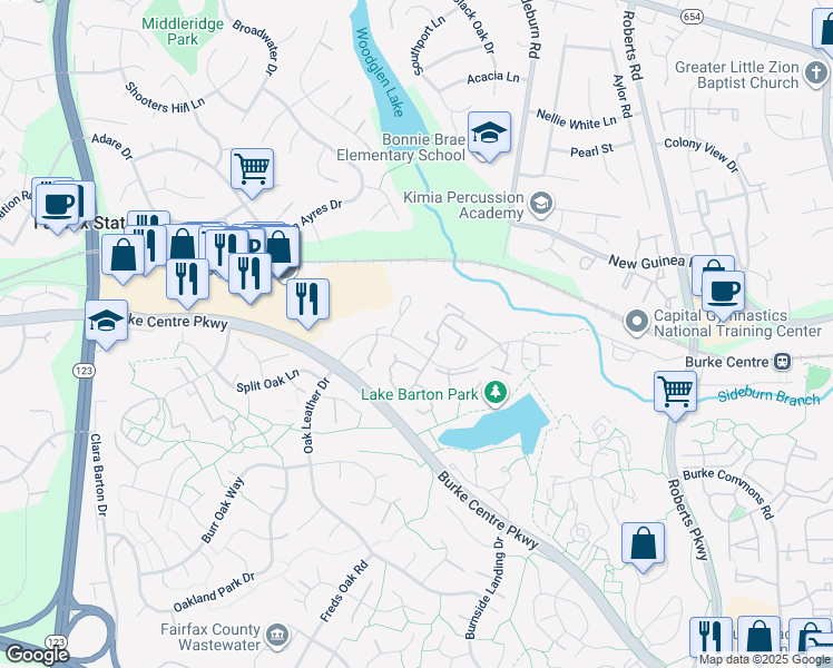 map of restaurants, bars, coffee shops, grocery stores, and more near 10665 Oak Thrush Court in Burke