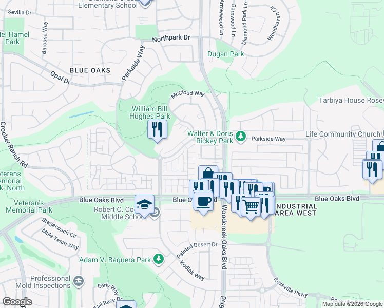 map of restaurants, bars, coffee shops, grocery stores, and more near 1154 Lavande Drive in Roseville