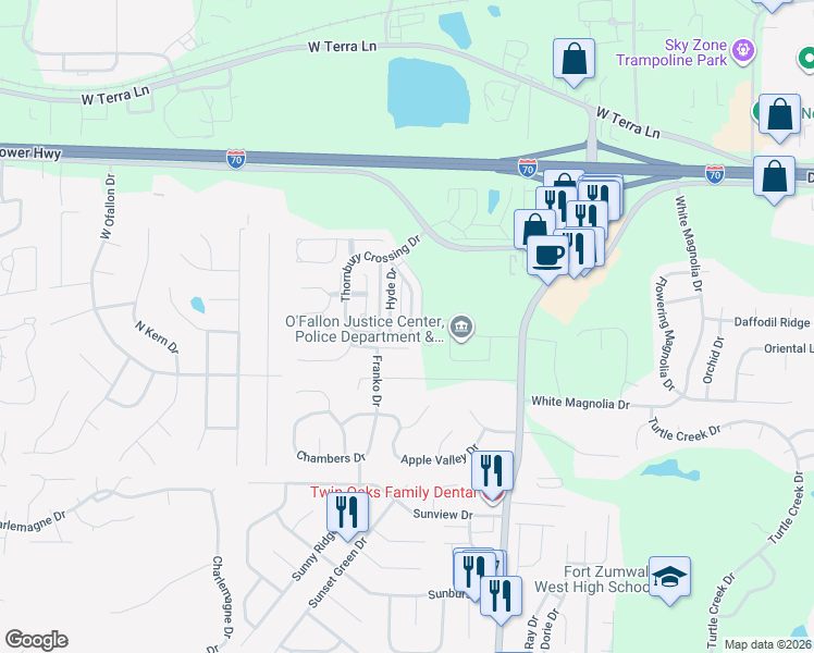 map of restaurants, bars, coffee shops, grocery stores, and more near 112 Chantry Drive in O'Fallon