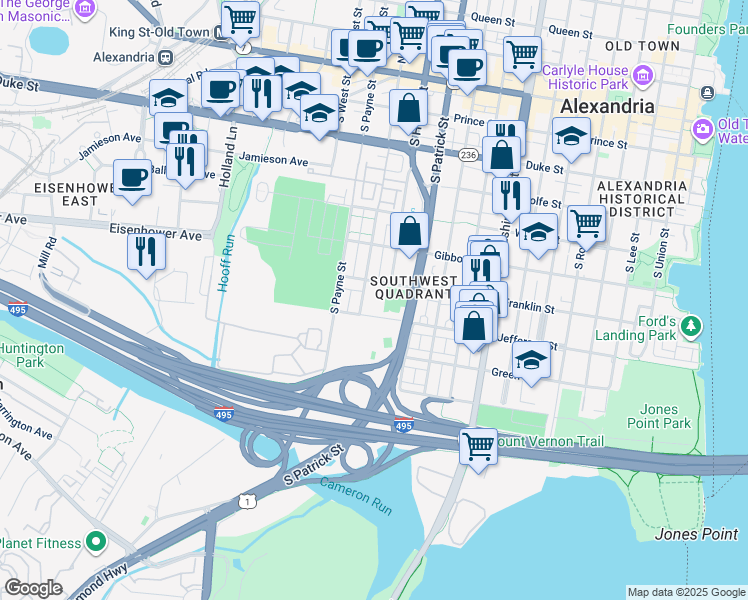 map of restaurants, bars, coffee shops, grocery stores, and more near 702 South Fayette Street in Alexandria