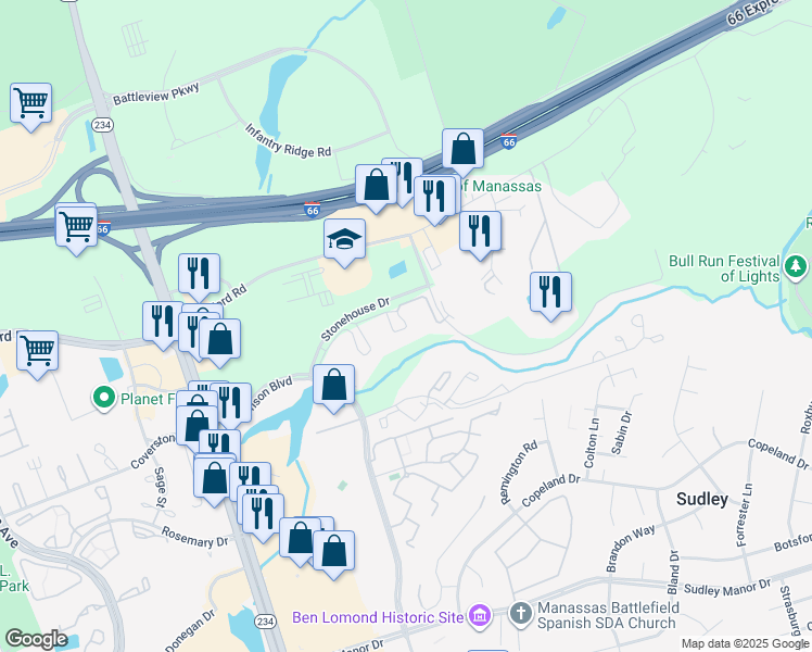 map of restaurants, bars, coffee shops, grocery stores, and more near 10519 Lariat Lane in Manassas