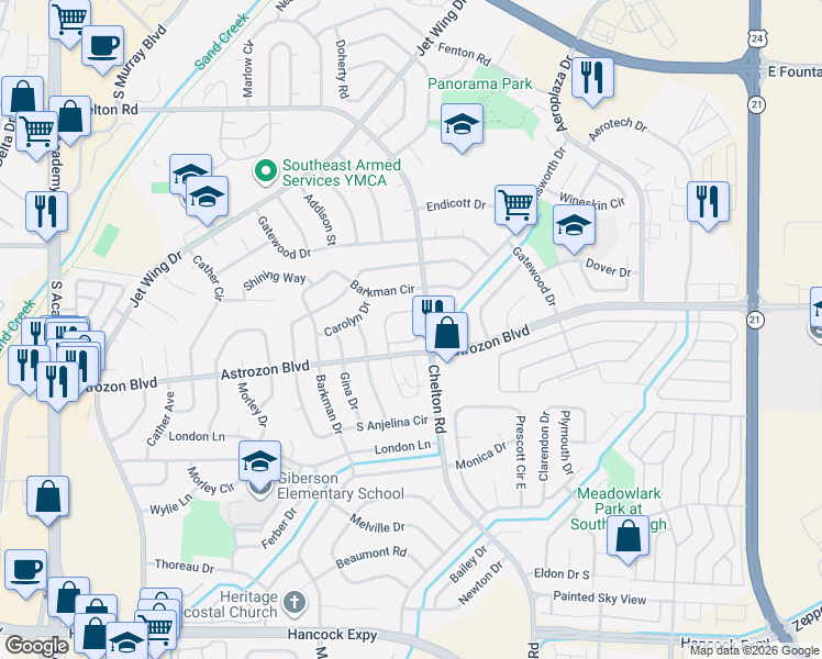 map of restaurants, bars, coffee shops, grocery stores, and more near 4552 Lamplighter Circle in Colorado Springs