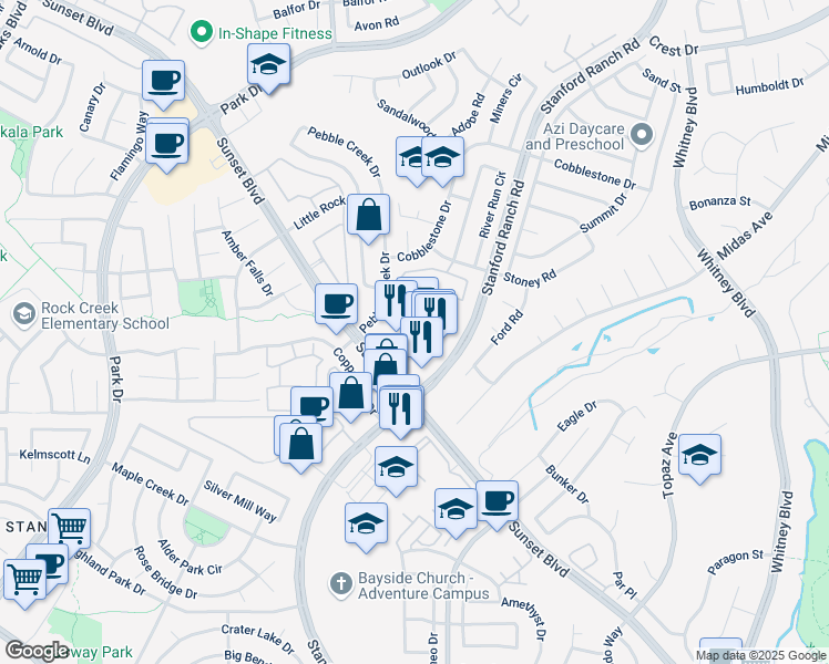 map of restaurants, bars, coffee shops, grocery stores, and more near 2201 Plaza Drive in Roseville