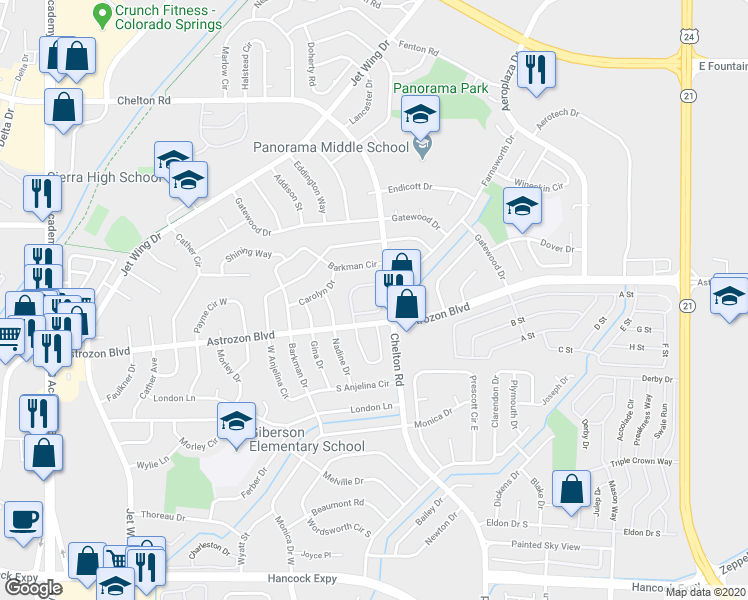 map of restaurants, bars, coffee shops, grocery stores, and more near 4558 Lamplighter Circle in Colorado Springs