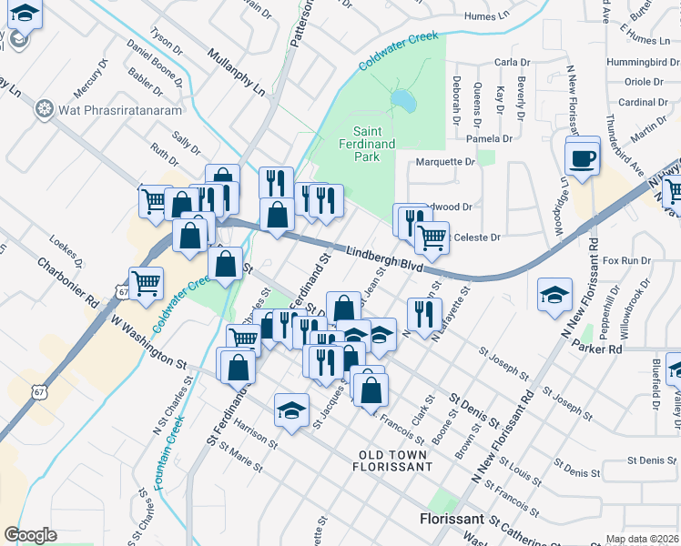 map of restaurants, bars, coffee shops, grocery stores, and more near 3 Saint Pierre Court in Florissant