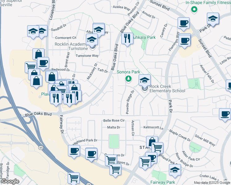 map of restaurants, bars, coffee shops, grocery stores, and more near 1950 Forbidden Court in Rocklin