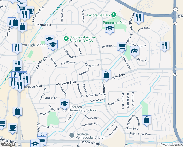 map of restaurants, bars, coffee shops, grocery stores, and more near 2333 Lexington Village Lane in Colorado Springs
