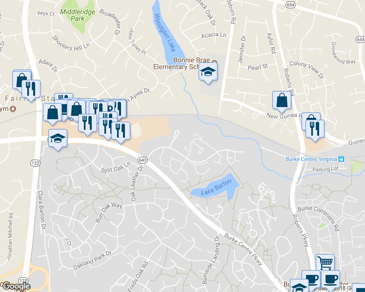 map of restaurants, bars, coffee shops, grocery stores, and more near 10669 Oak Thrush Court in Burke